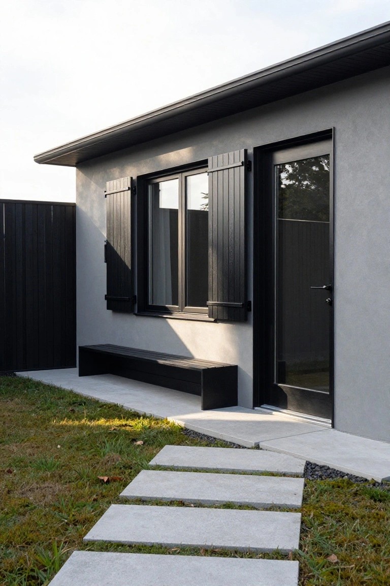 Side view of a modern house with light gray plaster walls, black wooden shutters on a large window, black-framed glass door, black bench beside the entrance, black fence, and concrete stepping stones leading across grass to the door.