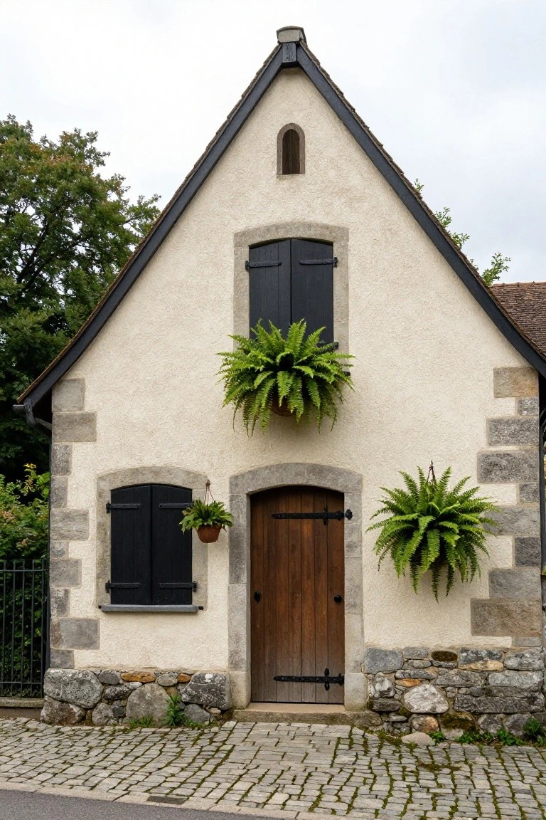 Beige stucco house with black wooden shutters, arched brown wooden door, hanging fern plants, stone foundation and accents, set against greenery and cobblestone path.