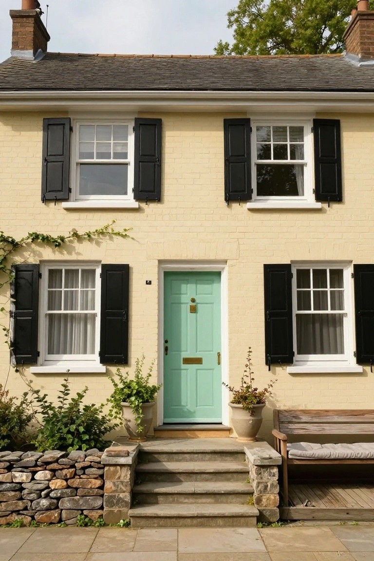 Two-story pale yellow brick house with black shutters on multi-pane windows, turquoise front door, stone steps leading up, potted plants on either side, and a wooden bench to the right.