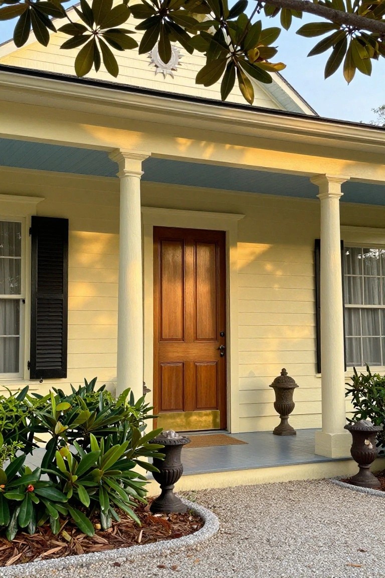 Pale yellow house with black shutters on the windows, white porch columns, wooden front door with brass kickplate, urn planters on the porch steps, and evergreen shrubs in the front yard.
