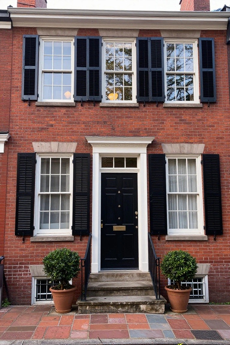 A three-story red brick townhouse with black shutters on the windows, a black front door with white trim, and potted boxwood shrubs on either side of the entry steps.