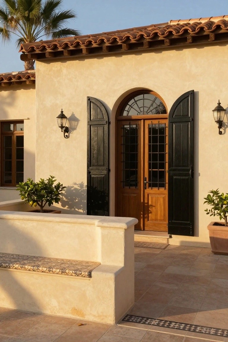 Beige stucco house exterior with red terracotta tile roof, black shutters flanking an arched wooden double door with fanlight, wall-mounted lanterns, potted lemon trees, and a low stucco wall with bench on a tiled entry patio.