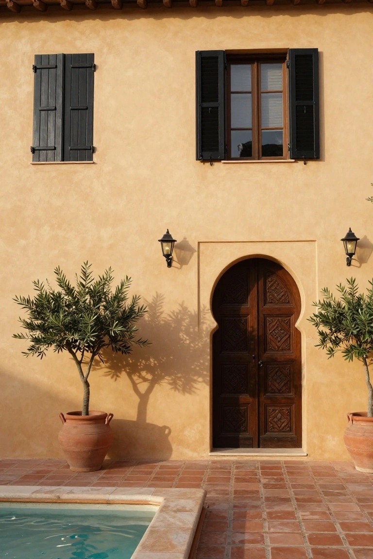 Beige stucco exterior wall with black shutters on two windows, carved wooden arched door flanked by black lanterns, potted olive trees on terracotta patio tiles next to an infinity-edge pool.