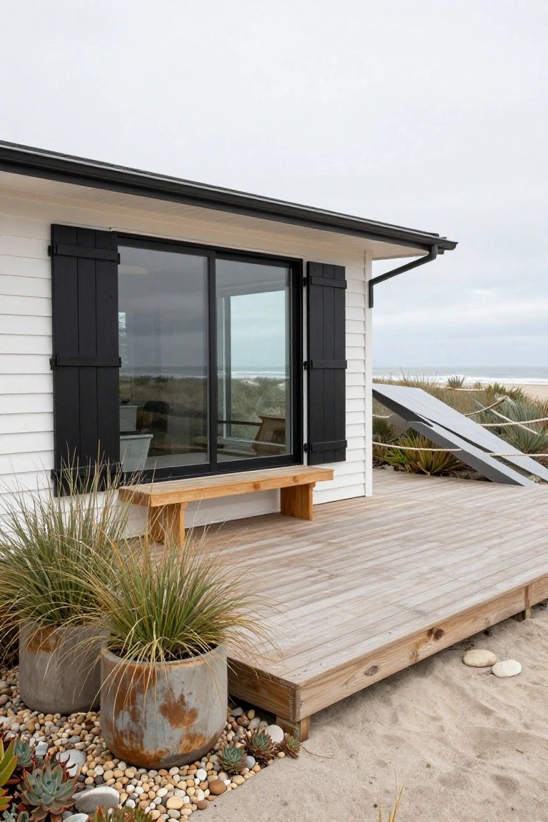 White clapboard house exterior with black shutters framing sliding glass doors, wooden bench on a deck, potted grasses and rocks in sand near beach dunes and ocean.