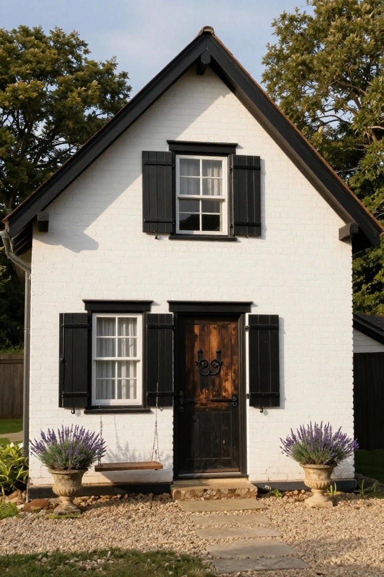 Small white brick house with black shutters on windows, black roof trim, dark wooden front door with iron knocker, lavender plants in urns flanking the entry, hanging wooden swing, gravel yard, and stone path.