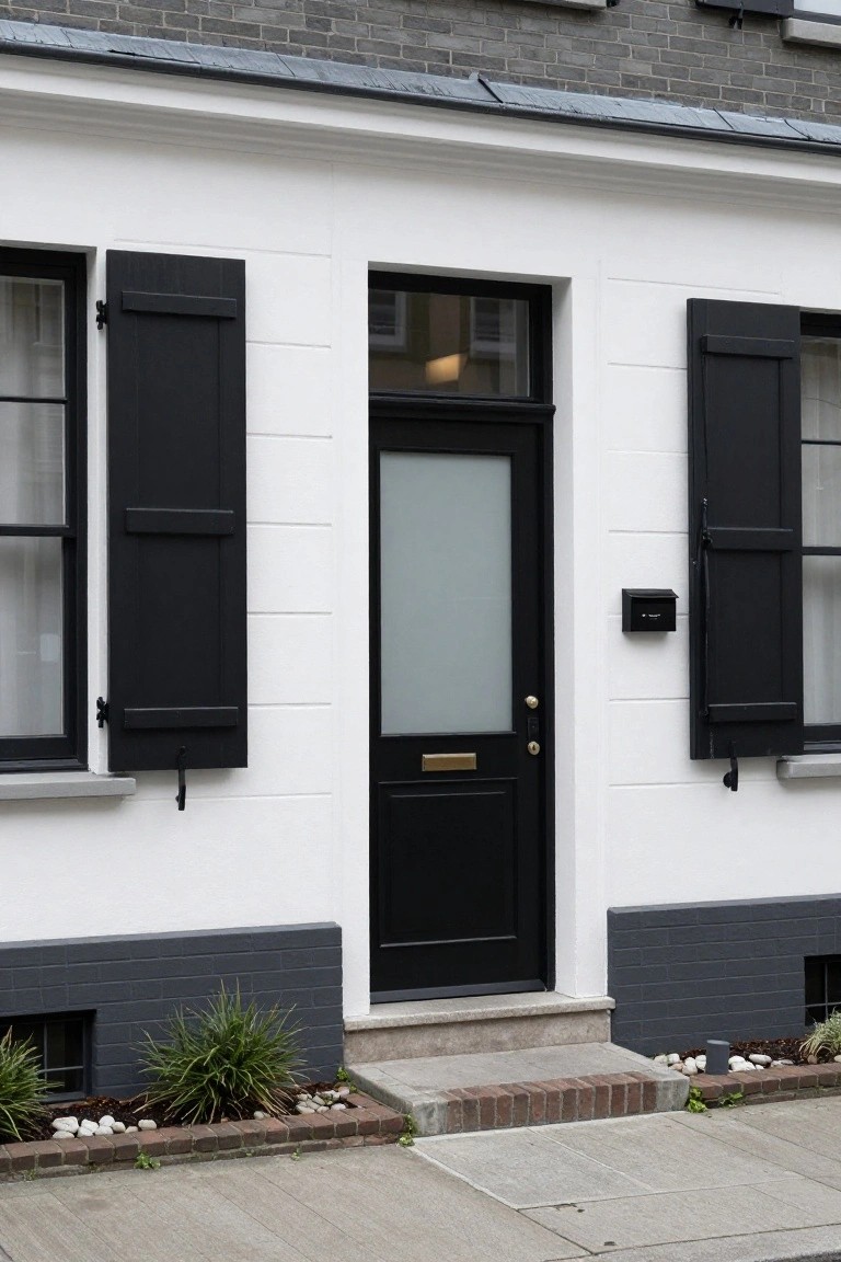 White stucco house exterior with black shutters on side windows, central black front door with frosted glass upper panel and brass knocker, gray brick lower wall, and low grasses with pebbles in front.