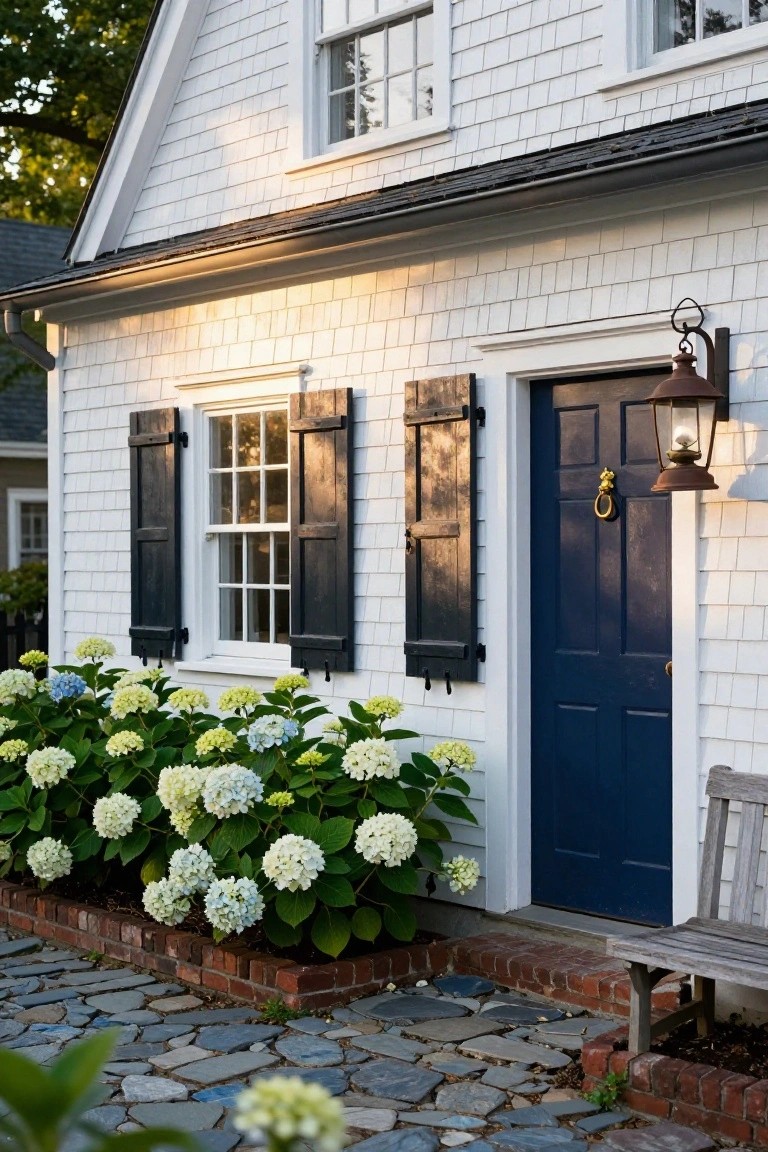 White shingle house exterior featuring black board-and-batten shutters beside a navy blue front door with brass knocker, copper lantern light, hydrangea flower beds with brick edging, stone walkway, and wooden bench.