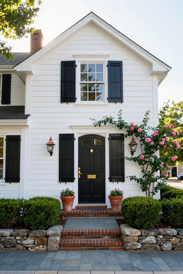 White clapboard house exterior featuring black shutters on windows, black front door with brass knocker, climbing pink roses, potted plants on steps, boxwood shrubs, and stone wall at entry.