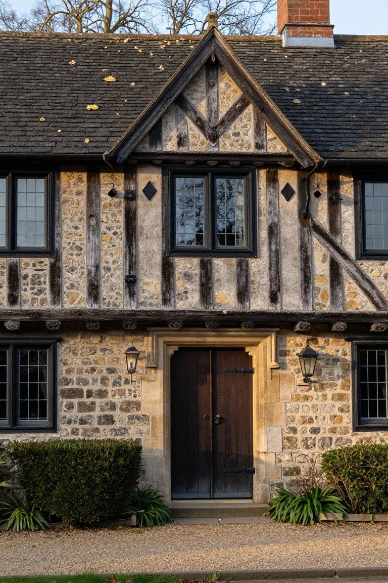 Front exterior of a two-story half-timbered house with beige stone walls, black-framed multipane windows, dark wooden door, stone lanterns, and low shrubs along a gravel path.
