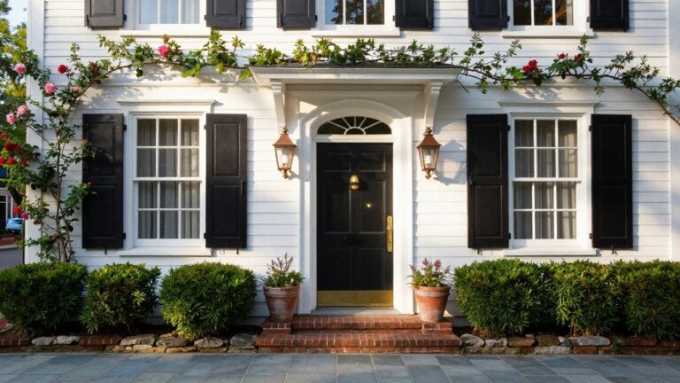 White clapboard house exterior featuring black shutters on windows, black front door with brass knocker, climbing pink roses, potted plants on steps, boxwood shrubs, and stone wall at entry.