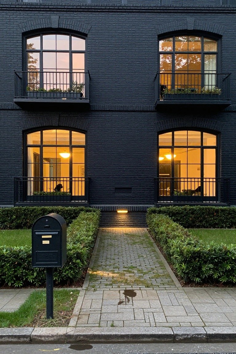 A two-story black brick house exterior with large arched windows glowing warmly from inside, black metal balconies with plants, flanked by hedges, a black mailbox, and a brick pathway to the entrance.