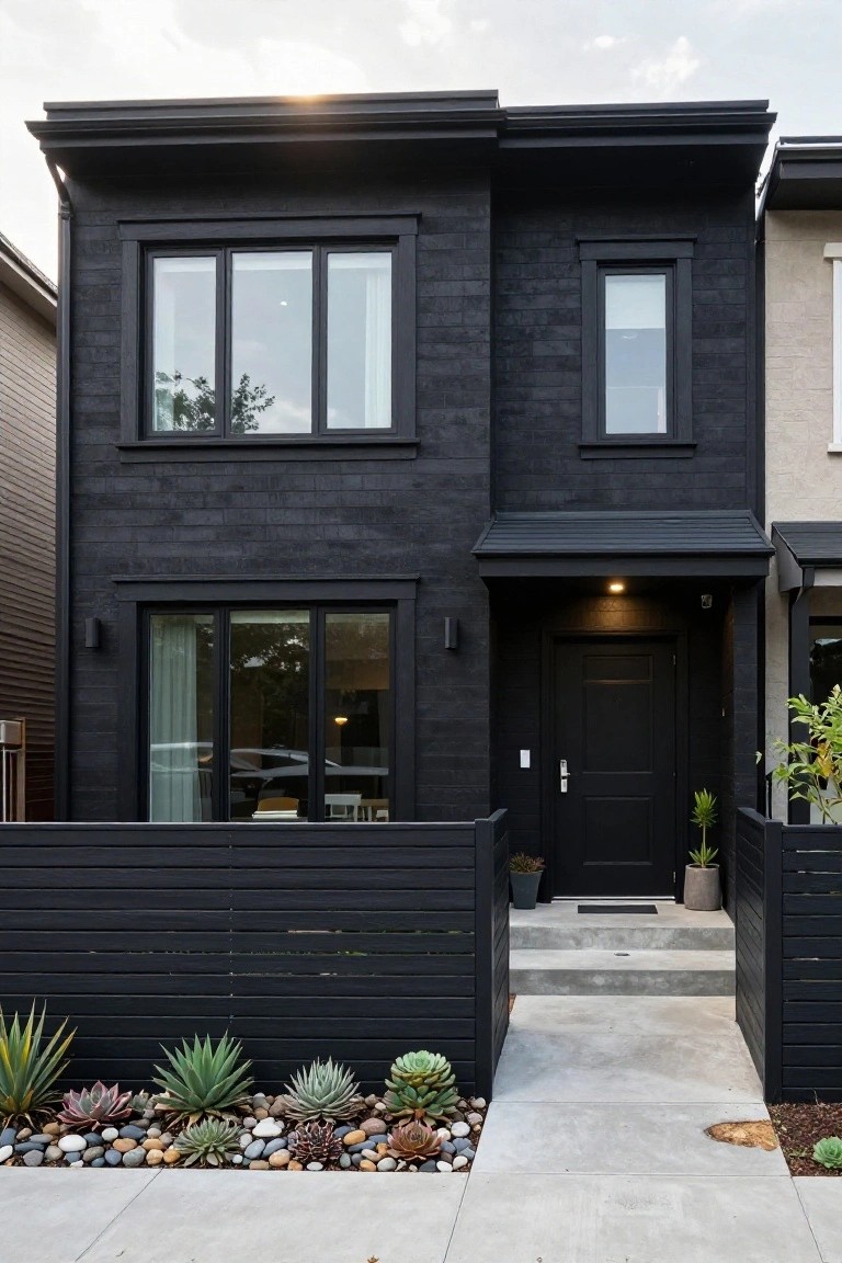 A modern two-story black brick house exterior featuring large multi-pane windows, a black front door under a small overhang, black wood fencing, and succulent plants with pebbles in the front yard.
