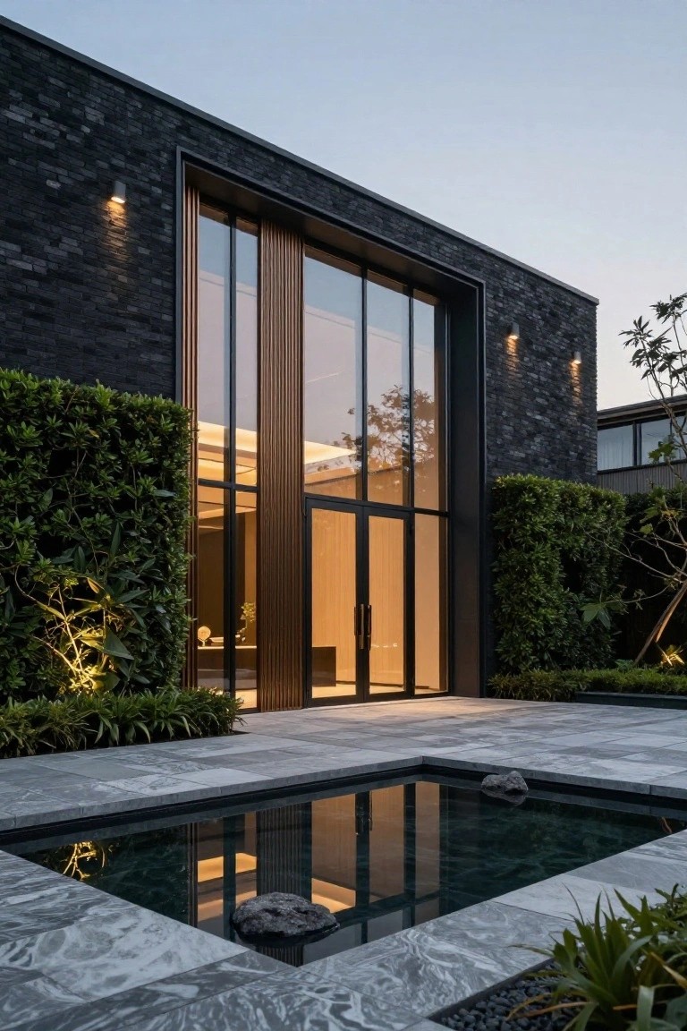 Black brick house exterior at dusk with tall wood-framed glass windows and double doors, surrounded by clipped hedges and low plants, foreground reflecting pool on gray stone pavers with landscape lighting.