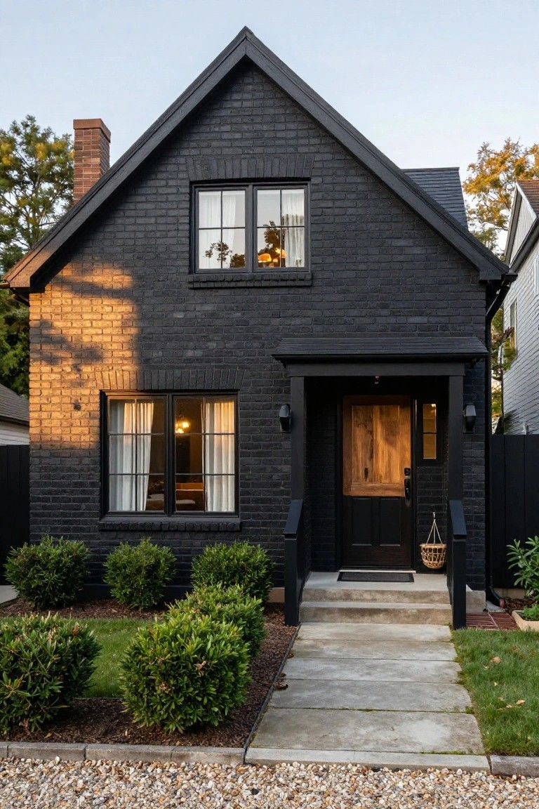 Black brick house exterior with gabled roof, large black-framed windows, wooden front door under a covered porch, boxwood shrubs, concrete steps and path, and gravel driveway.