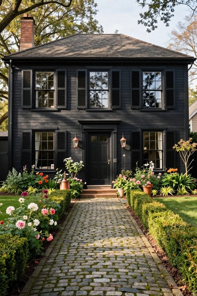 Two-story black clapboard house with large multi-pane windows, black shutters, centered black front door with copper lanterns, brick steps, cobblestone pathway lined with flowers and shrubs, and boxwood hedges.