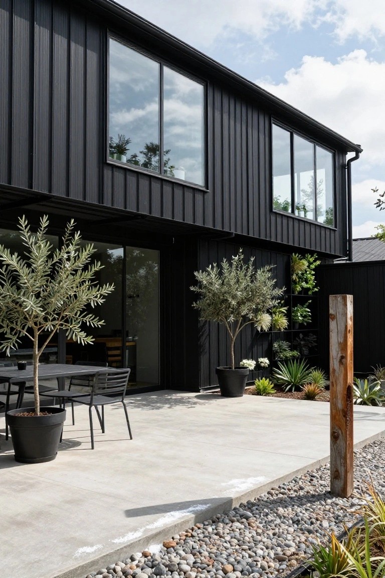 Modern black corrugated-clad house exterior with large black-framed windows and sliding glass doors opening to a concrete patio with black dining table, chairs, potted olive trees, and gravel landscaping.