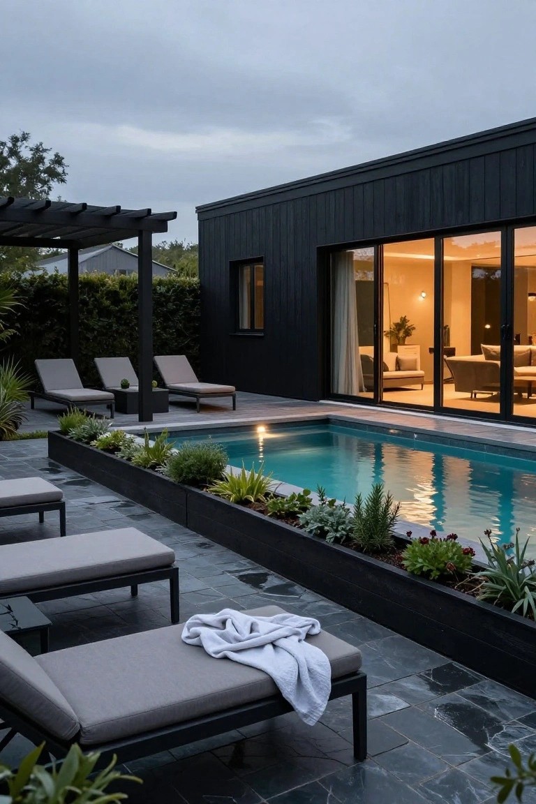 Black wood-clad modern house exterior with large sliding glass doors overlooking a rectangular pool, surrounded by loungers, plants in raised beds, and a pergola.