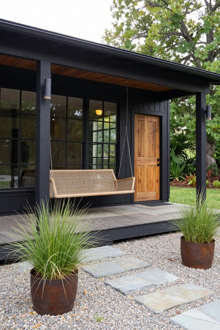 Black vertical siding house exterior featuring large multi-pane windows, wooden paneled front door, hanging rattan porch swing, wooden deck porch, potted grasses in metal containers, gravel ground with stone path steps.