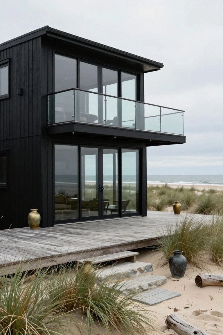 Black wooden house exterior with glass balcony railing, large sliding glass doors, wooden deck, beach dunes, sea grass, and ocean view.