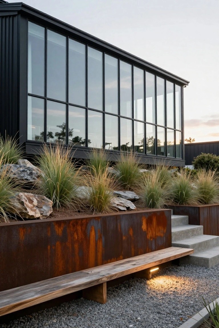Side exterior of a black metal-clad modern house with large floor-to-ceiling glass windows, surrounded by tall ornamental grasses, boulders, corten steel planters, a wooden bench, concrete steps, and gravel ground.