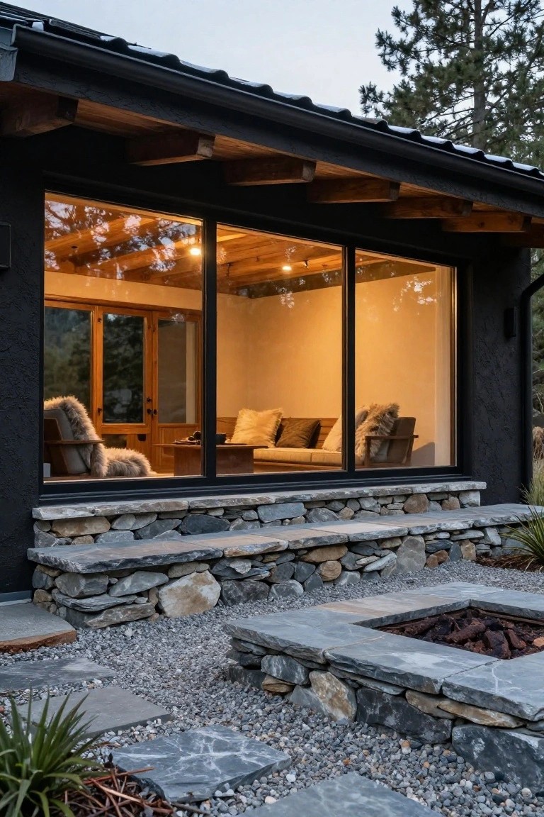 Black exterior house with large floor-to-ceiling windows revealing a warmly lit interior living area with wooden furniture and a sofa, stone steps leading down to a gravel patio and fire pit surrounded by rocks and plants.