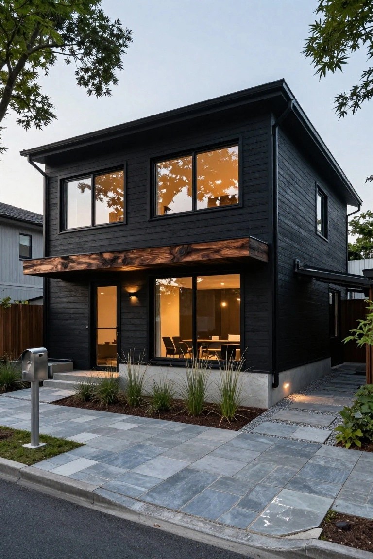 A two-story modern house with black wood siding, large rectangular windows on the front facade emitting golden light, a wooden canopy over the glass entry door, front steps with ornamental grasses, and a slate tile pathway.