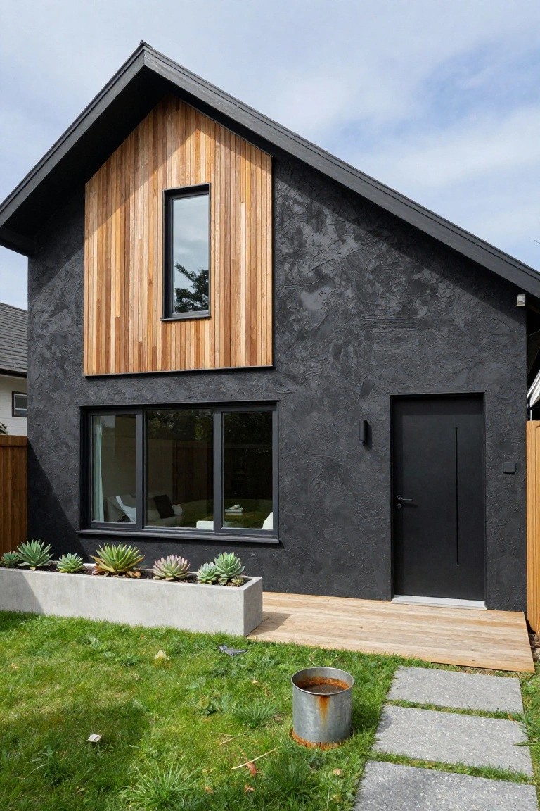 Side view of a modern two-story black stucco house with vertical wood cladding on the upper right, a narrow window in the wood section, large triple-pane windows below, black front door, wooden deck, succulent planter, and front grass lawn.