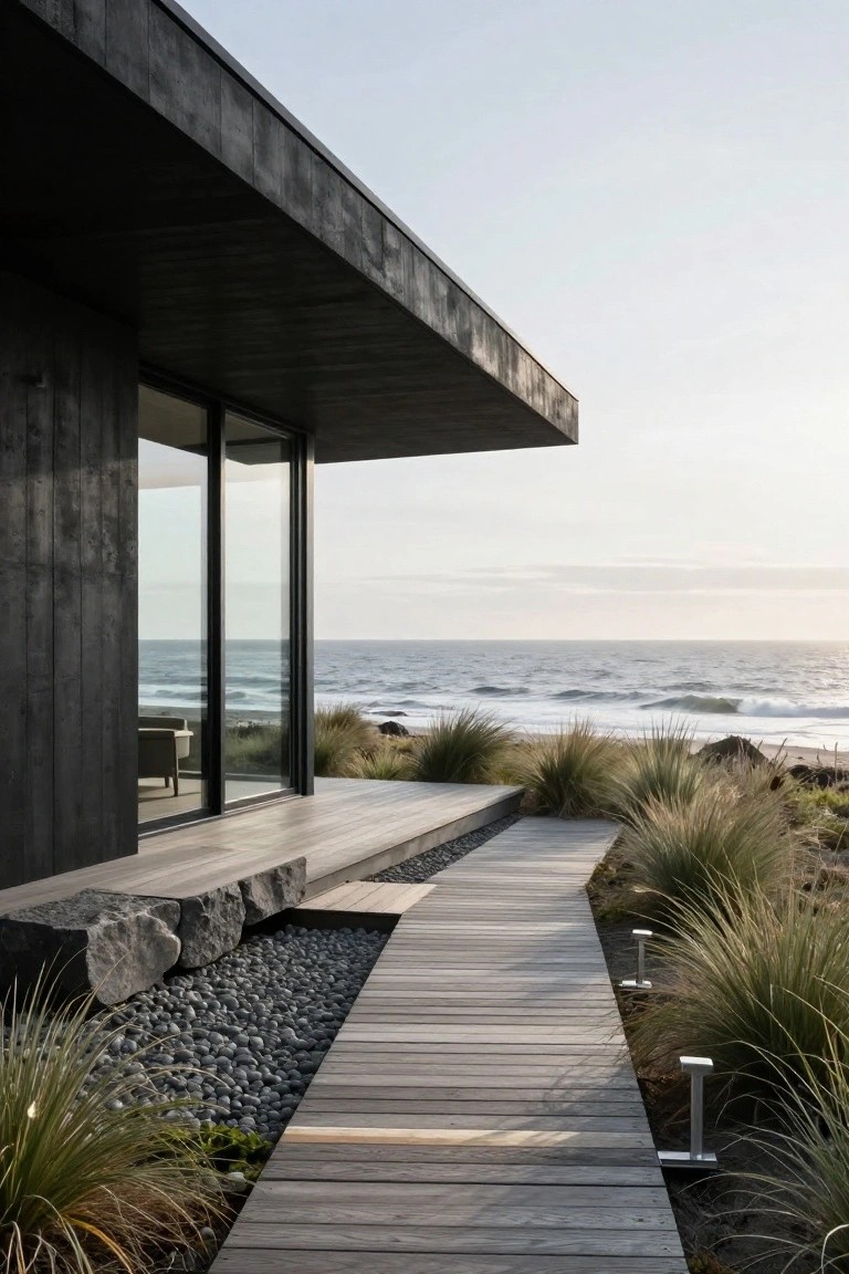 Black timber-clad modern house with large floor-to-ceiling glass windows overlooking ocean waves and dune grasses, connected by a wooden boardwalk pathway edged with rocks and plants.
