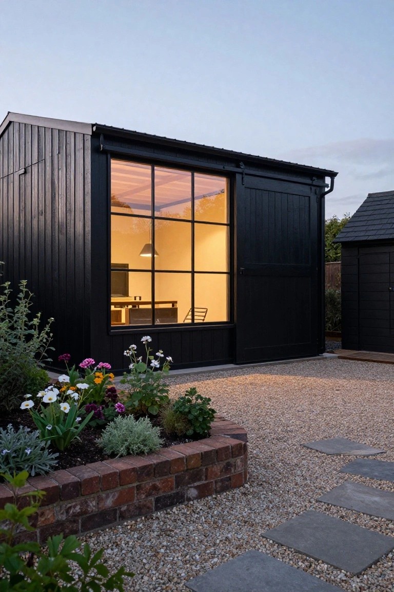 Black wooden outbuilding with large multi-pane window illuminated from inside, beside gravel path, brick-edged flower bed with colorful flowers, and stone stepping pads.