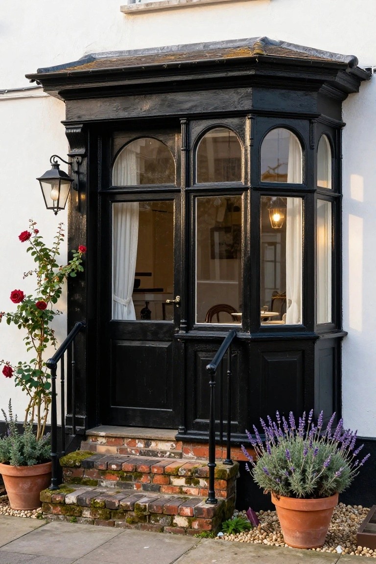 White house wall with black wooden porch enclosing arched windows, central black door, brick steps, climbing red roses, and potted lavender plants.