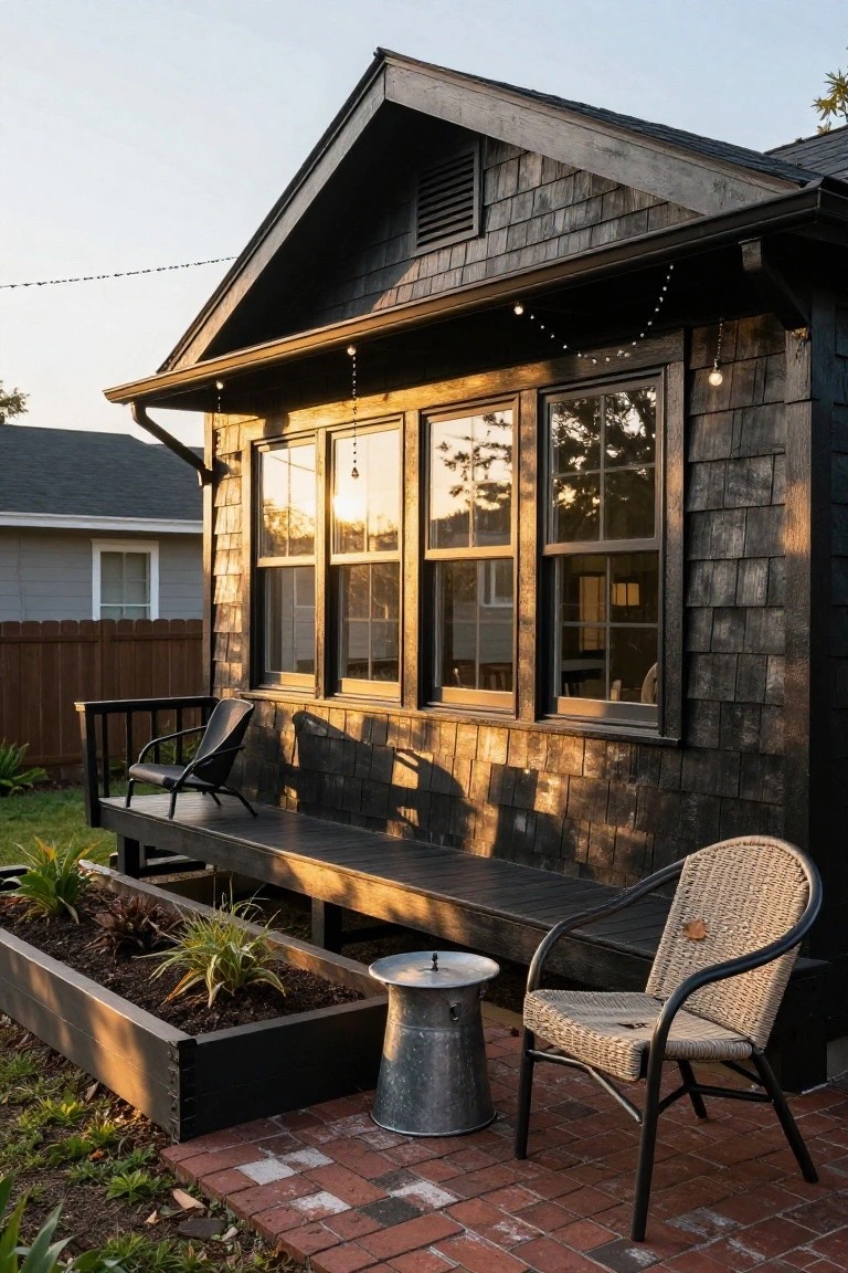 Black shingled house exterior with large multi-pane windows, wooden porch holding a black chair and a wicker chair with metal stool, string lights overhead, planter boxes with greenery, brick pavers and grass in foreground at sunset.