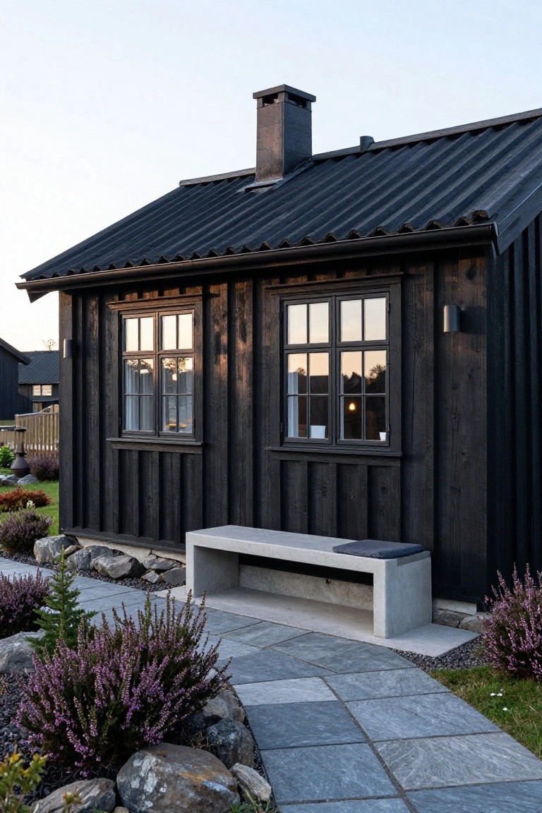 Small black wood-clad cabin with vertical siding, large dark-framed multi-pane windows, metal roof, chimney, concrete bench with cushion, stone path, rocks, and purple heather plants in the yard.
