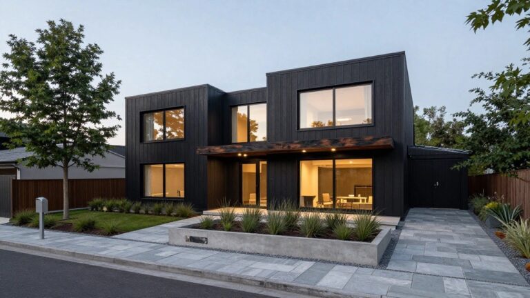 A two-story modern house with black wood siding, large rectangular windows on the front facade emitting golden light, a wooden canopy over the glass entry door, front steps with ornamental grasses, and a slate tile pathway.