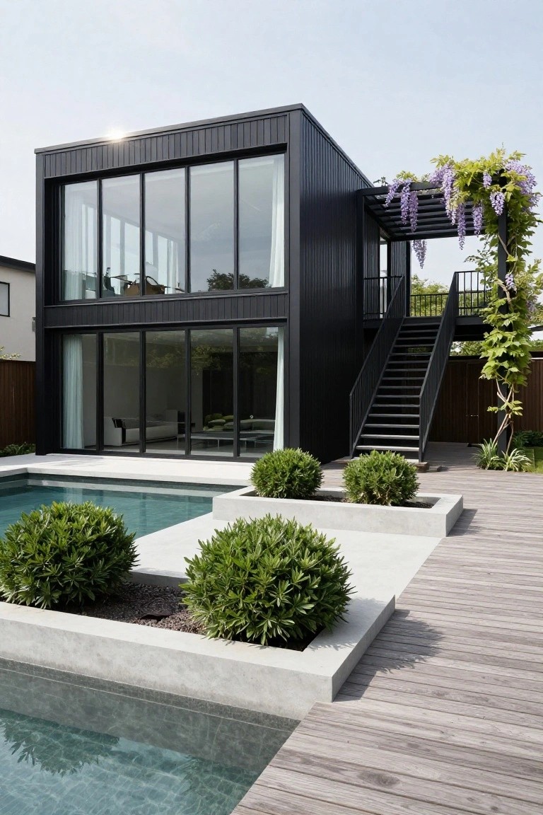 Two-story modern house with black vertical board cladding, large floor-to-ceiling windows on multiple sides, external black metal staircase leading to upper level with wisteria-covered pergola, wooden deck beside rectangular pool edged in concrete with boxwood shrubs in planters.