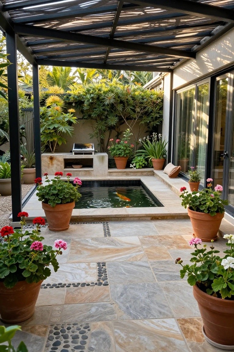 Covered outdoor patio under black metal pergola with small rectangular koi pond containing orange fish, surrounded by terracotta pots of geraniums, built-in stone barbecue counter, tropical plants, pebble details in tiled floor, and large glass sliding doors on light stucco house wall.