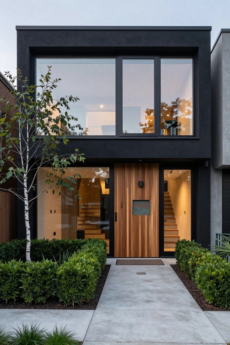 Modern two-story black stucco house exterior with large triple-pane glass window on upper level, vertical slat wood front door with small glass panel and internal stairs visible, flanked by birch tree and boxwood hedges on concrete pathway.