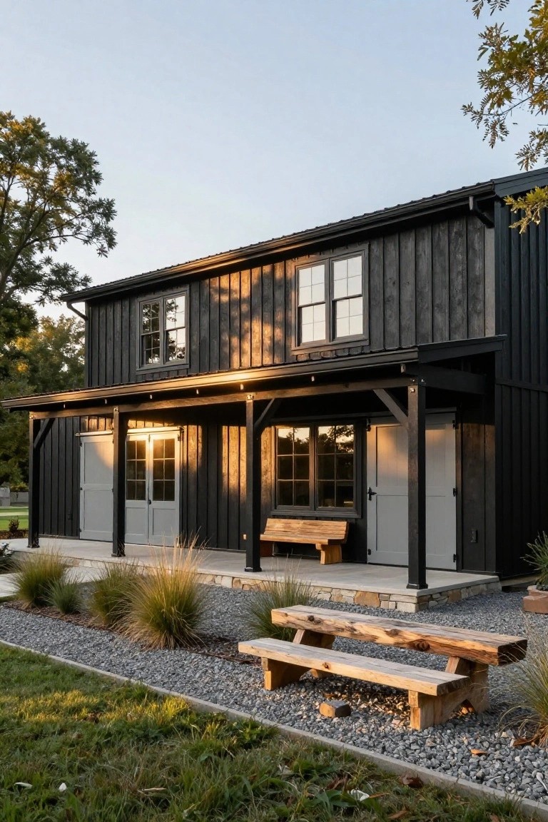Two-story black board-and-batten house with metal roof, covered porch with large grey sliding doors, wooden benches, gravel edging, ornamental grasses, and surrounding lawn under a partly cloudy sky.