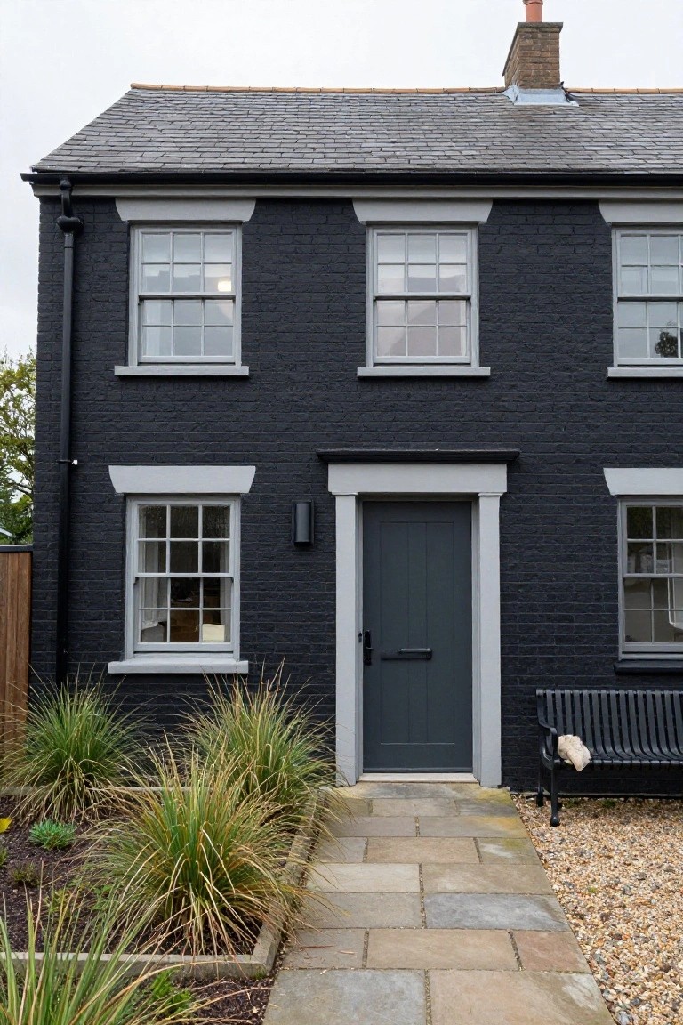 Black Brick House with Grey Trim