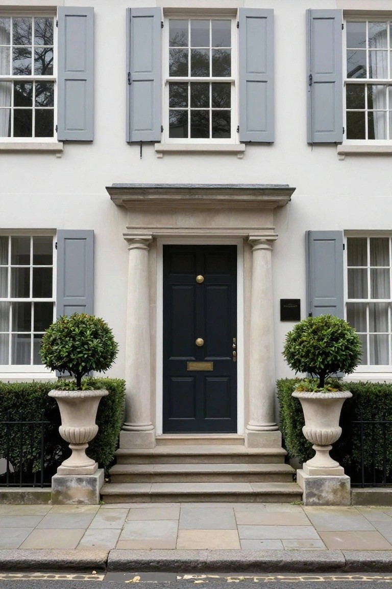 White stucco house facade with tall narrow windows and grey shutters, centered black front door under stone portico with columns, flanked by large urns holding clipped green topiary plants, fronted by stone steps and pavement.