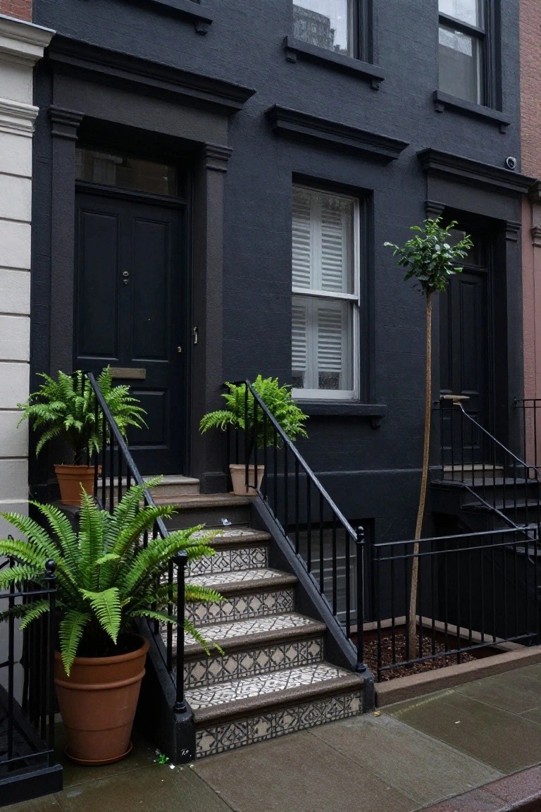 Black-painted brick townhouse facade with ornate black, white, and gray patterned tiles on front stoop steps, flanked by potted ferns in terracotta pots and black iron railings, plus a small palm tree nearby.