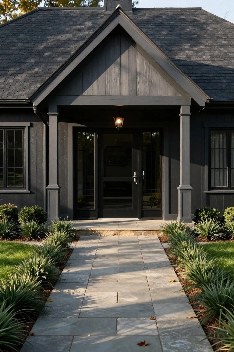 Front entrance of a black-shingled house with dark siding, grey vertical porch columns, black double doors with glass panels, hanging lantern light, bluestone pathway, and low grasses lining the edges on a lawn.