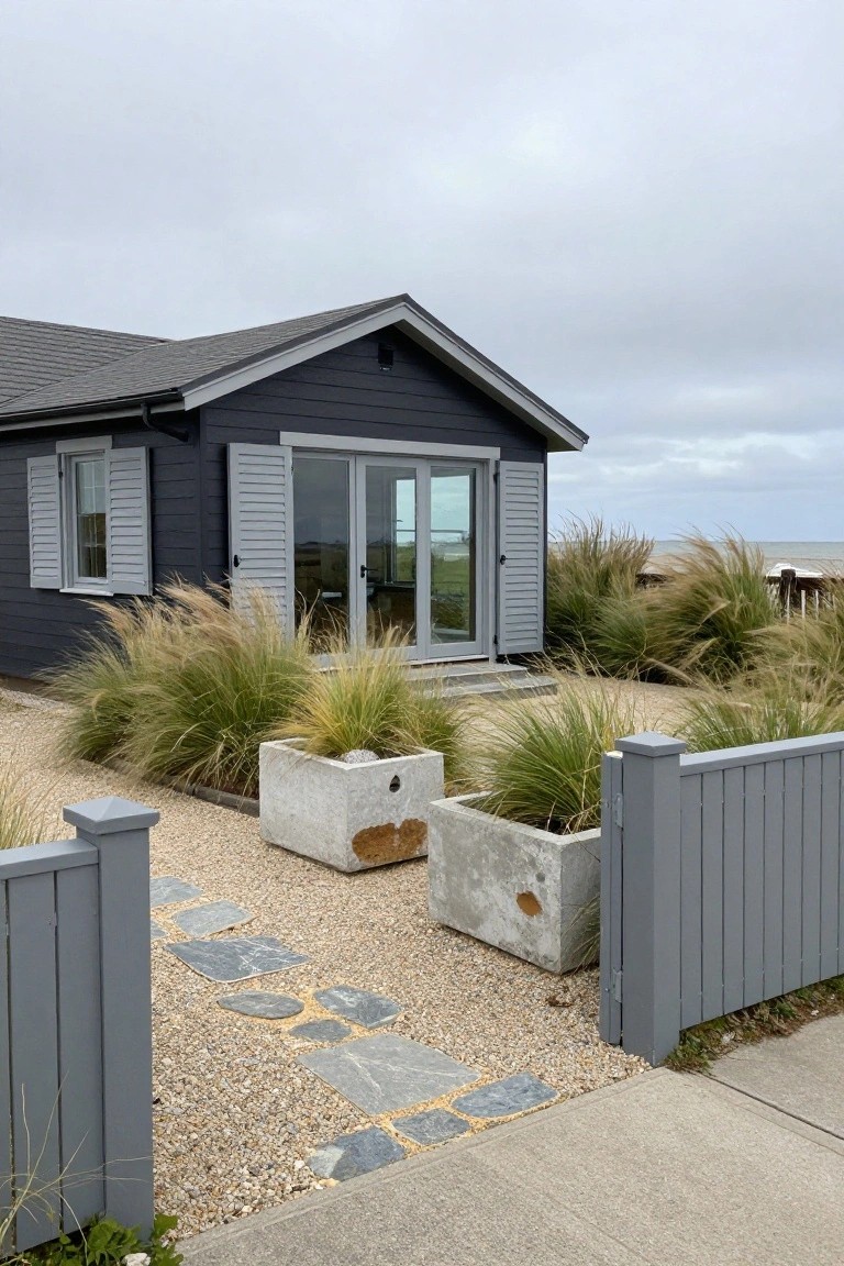 Dark gray clapboard beach house exterior with light gray shutters on windows and sliding glass doors, surrounded by tall ornamental grasses, large concrete planters, gravel yard with stone stepping stones, and gray wood gate fence, ocean visible behind.
