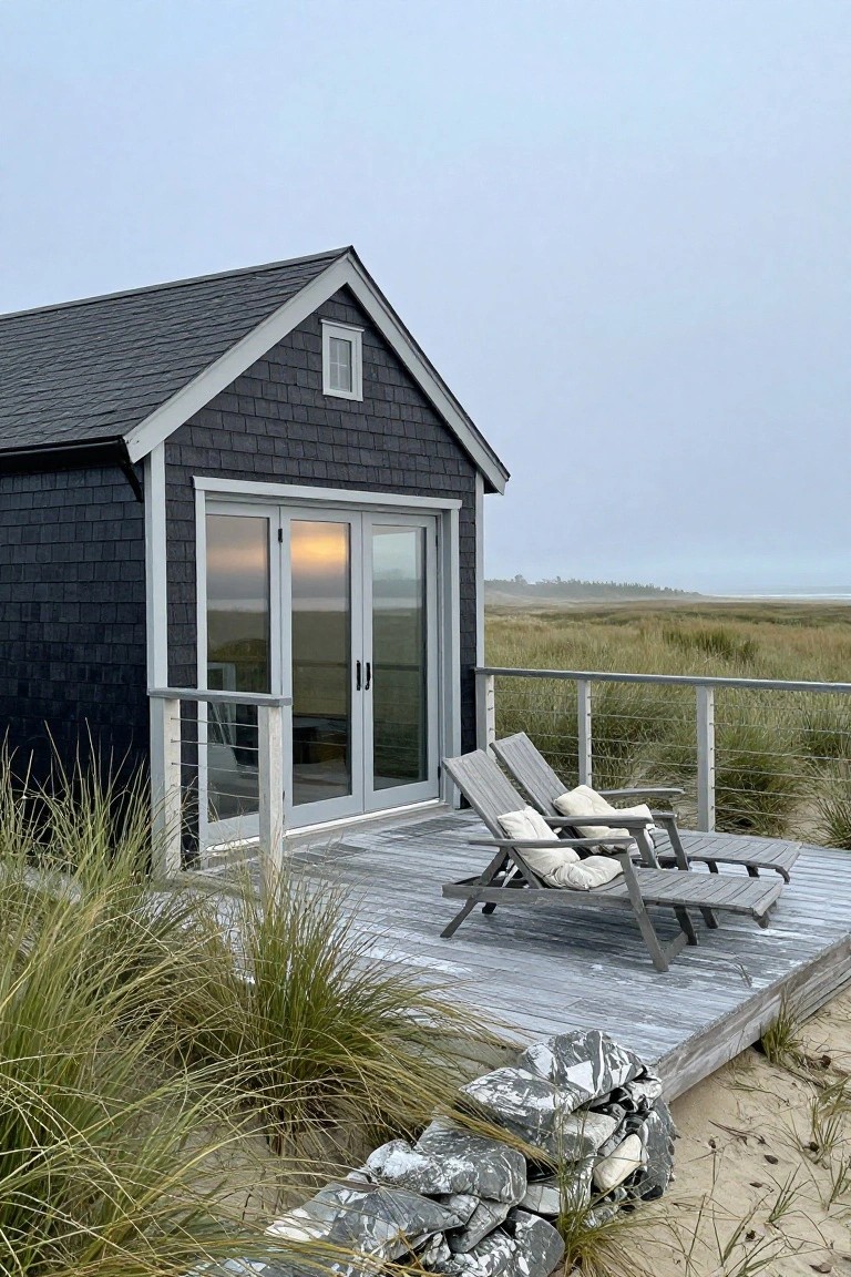 A small black shingled house with grey trim and gable roof sits on a wooden deck with two grey lounge chairs, facing dune grasses and a distant beach under a cloudy sky.