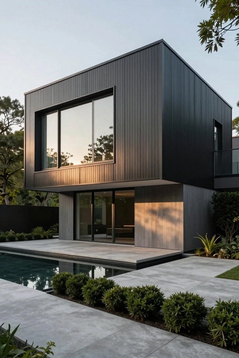 Modern black vertical-clad house exterior with large triple-pane windows, grey concrete base and pool deck, landscaped hedges, and trees at dusk.