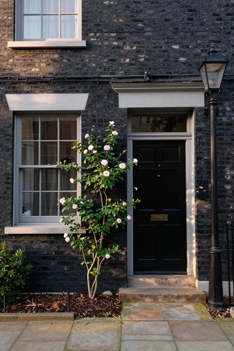 Black brick townhouse facade with grey window frames and door surround, black front door with brass knocker, climbing pink rose bush beside the entrance, and a black street lamp post on a paved walkway.