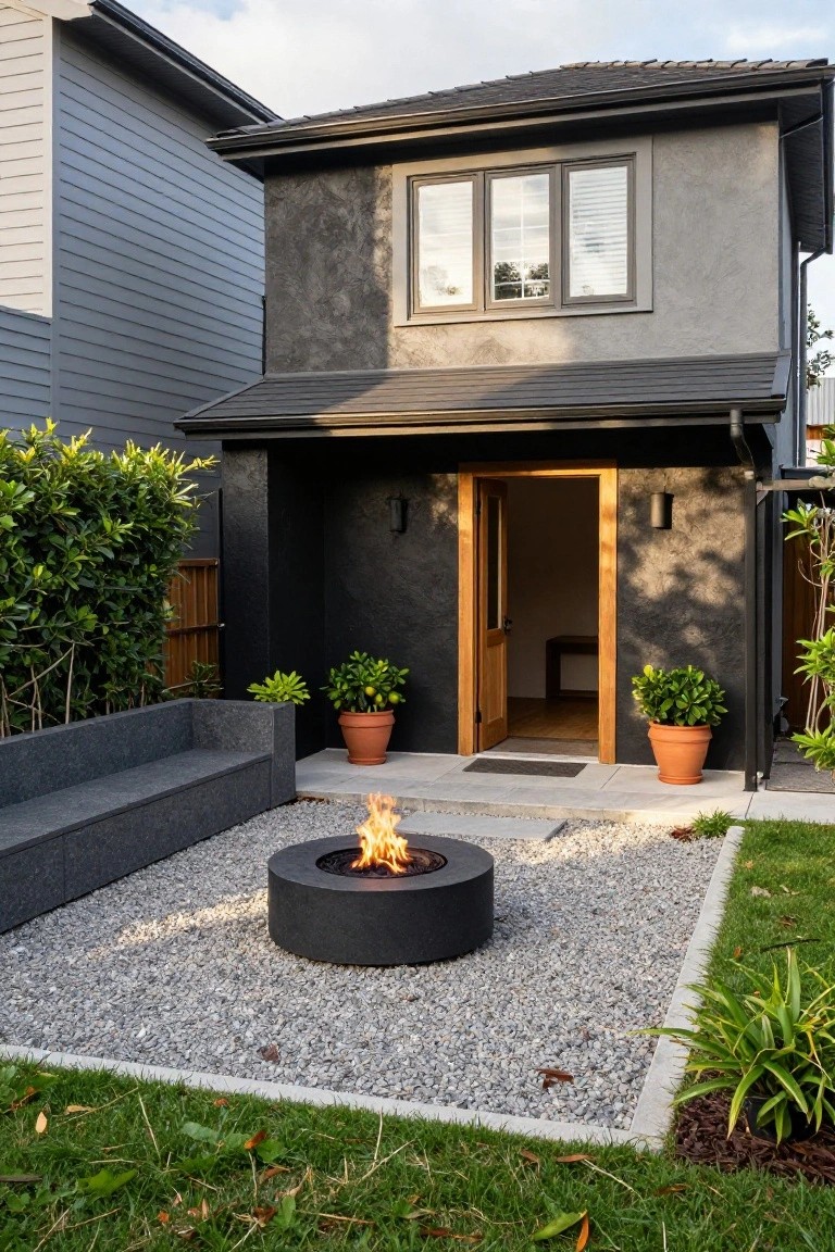 Black textured house exterior with open wooden front door, potted plants on either side, stone bench, circular black fire pit with flames in gravel courtyard, surrounded by low greenery and grass edging.