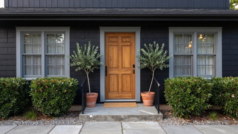 21 Black House Exterior With Grey Trim For A Soft Look Front facade of a black shingled house with grey trim, featuring a wooden double door with frosted glass, flanked by potted olive trees, concrete steps with black railing, boxwood shrubs, and a gravel and paver path.