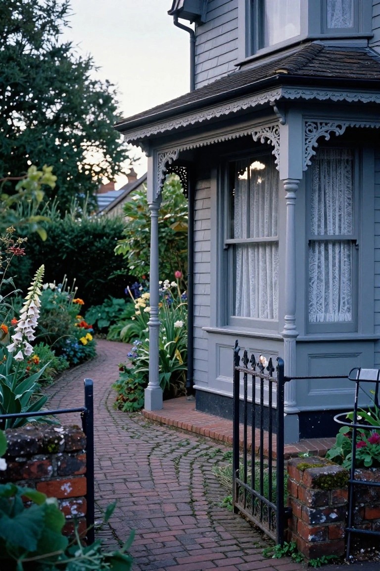Grey painted house exterior with ornate wooden porch featuring gingerbread brackets, turned posts, double-hung windows with sheer curtains, brick pathway, black iron gate, and lush garden plantings.