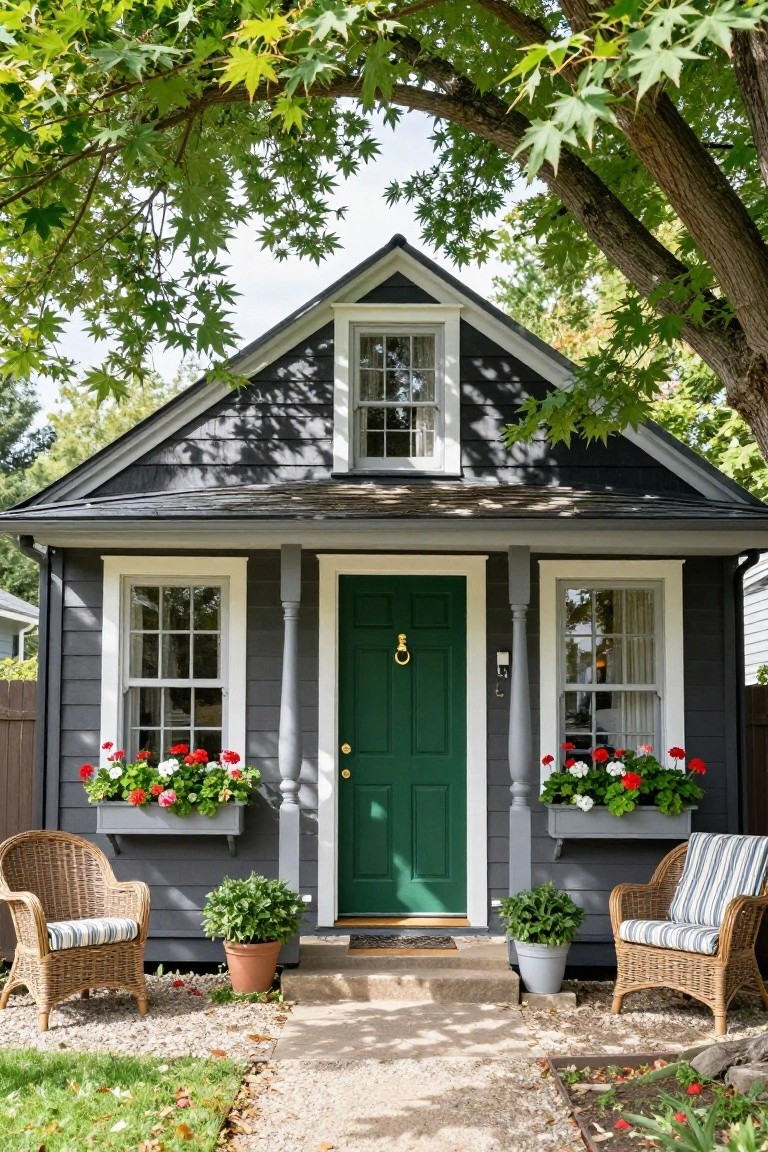 Small dark gray shingled house with white trim, green front door with brass knocker, white columns, red geranium window boxes, potted plants, wicker chairs, gravel path, and overhanging tree branches.