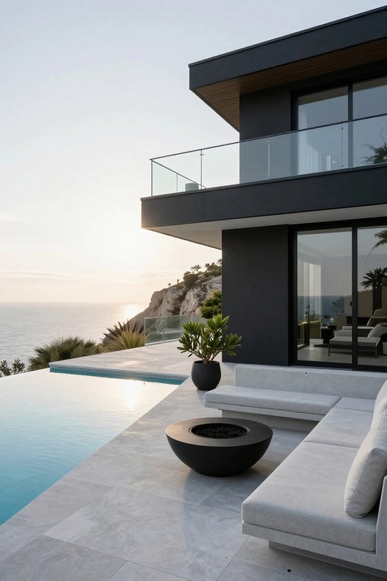 Modern black house exterior on a cliff overlooking the ocean, with glass walls, infinity-edge pool on light grey stone deck, white L-shaped outdoor sofa, black bowl fire pit, and potted plants.
